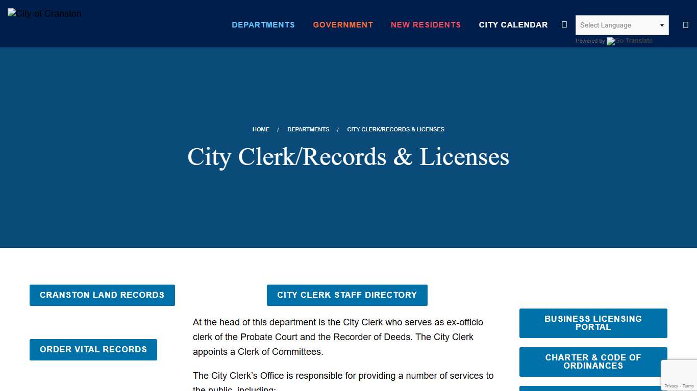 Cranston City Clerk | City of Cranston Records & Licenses