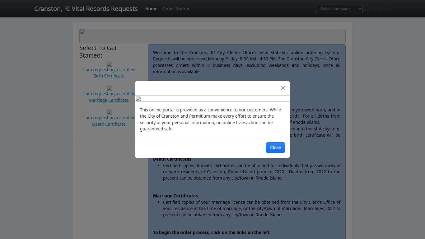Cranston, RI City Clerk's Office Online Vital Records Request